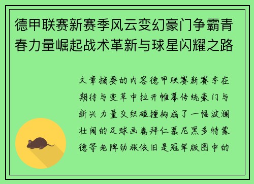 德甲联赛新赛季风云变幻豪门争霸青春力量崛起战术革新与球星闪耀之路