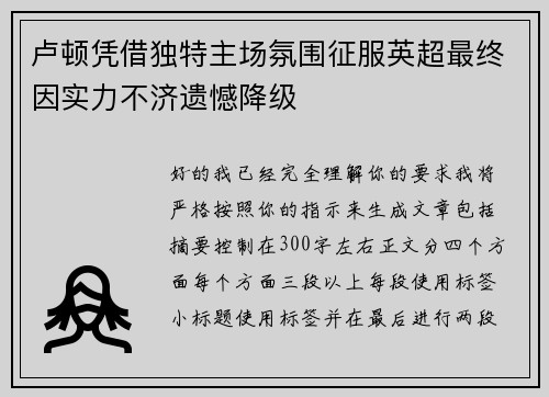 卢顿凭借独特主场氛围征服英超最终因实力不济遗憾降级